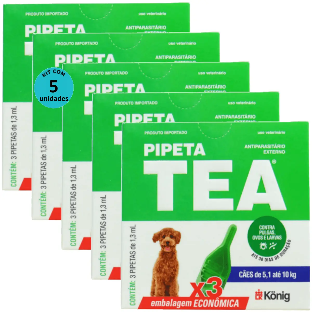 Pipeta Tea 1,3 ml Antiparasitário Contra Pulgas P/ Cães de 5,1 até 10 Kg C/ 3 unid. Kit C/ 5 Cxs