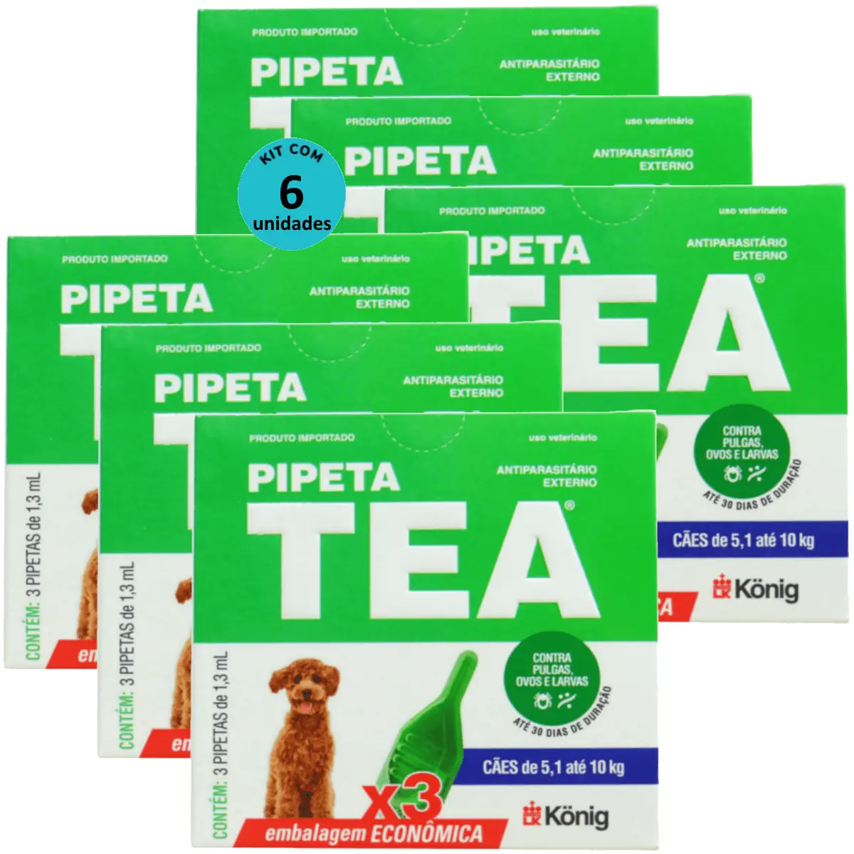 Pipeta Tea 1,3 ml Antiparasitário Contra Pulgas P/ Cães de 5,1 até 10 Kg C/ 3 unid. Kit C/ 6 Cxs