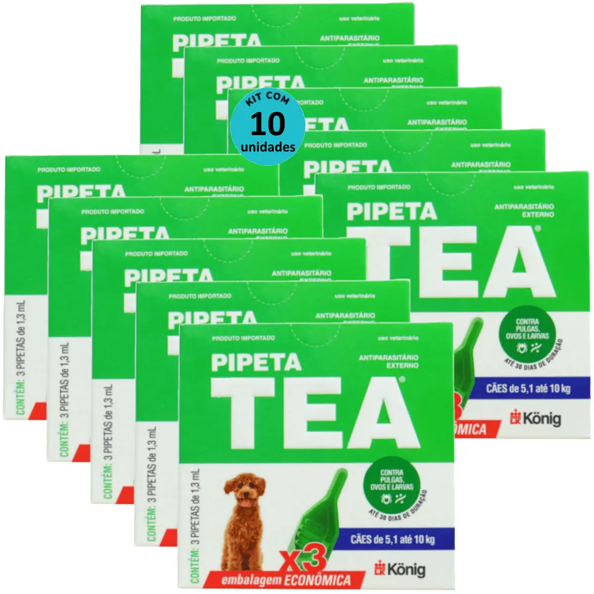 Pipeta Tea 1,3 ml Antiparasitário Contra Pulgas P/ Cães de 5,1 até 10 Kg C/ 3 unid. Kit C/ 10 Cxs