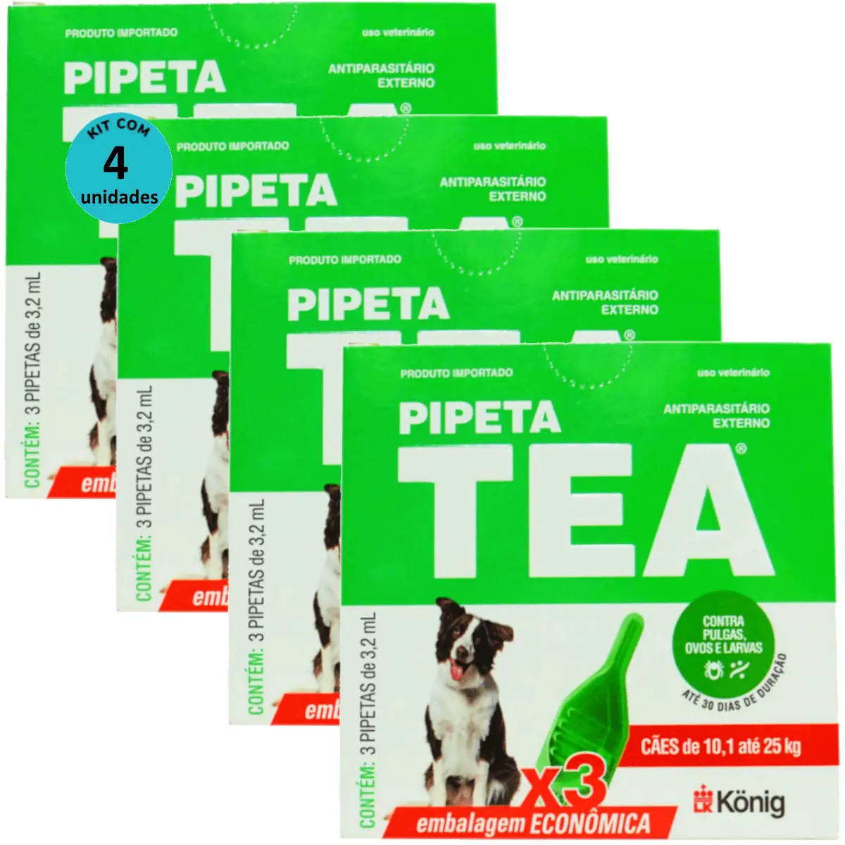 Pipeta Tea 3,2ml Antiparasitário Contra Pulgas P/ Cães de 10,1 até 25 Kg C/ 3 unid. Kit C/ 4 Cxs