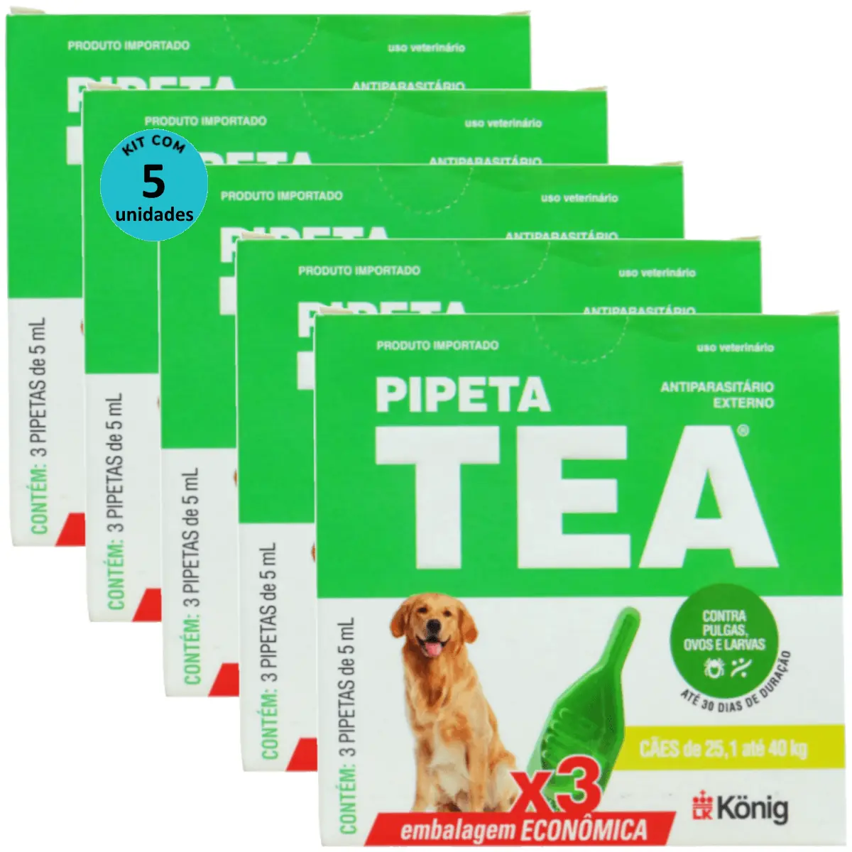 Pipeta Tea 5 ml Antiparasitário Contra Pulgas P/ Cães de 25,1 até 40 Kg C/ 3 unid. Kit C/ 5 Cxs