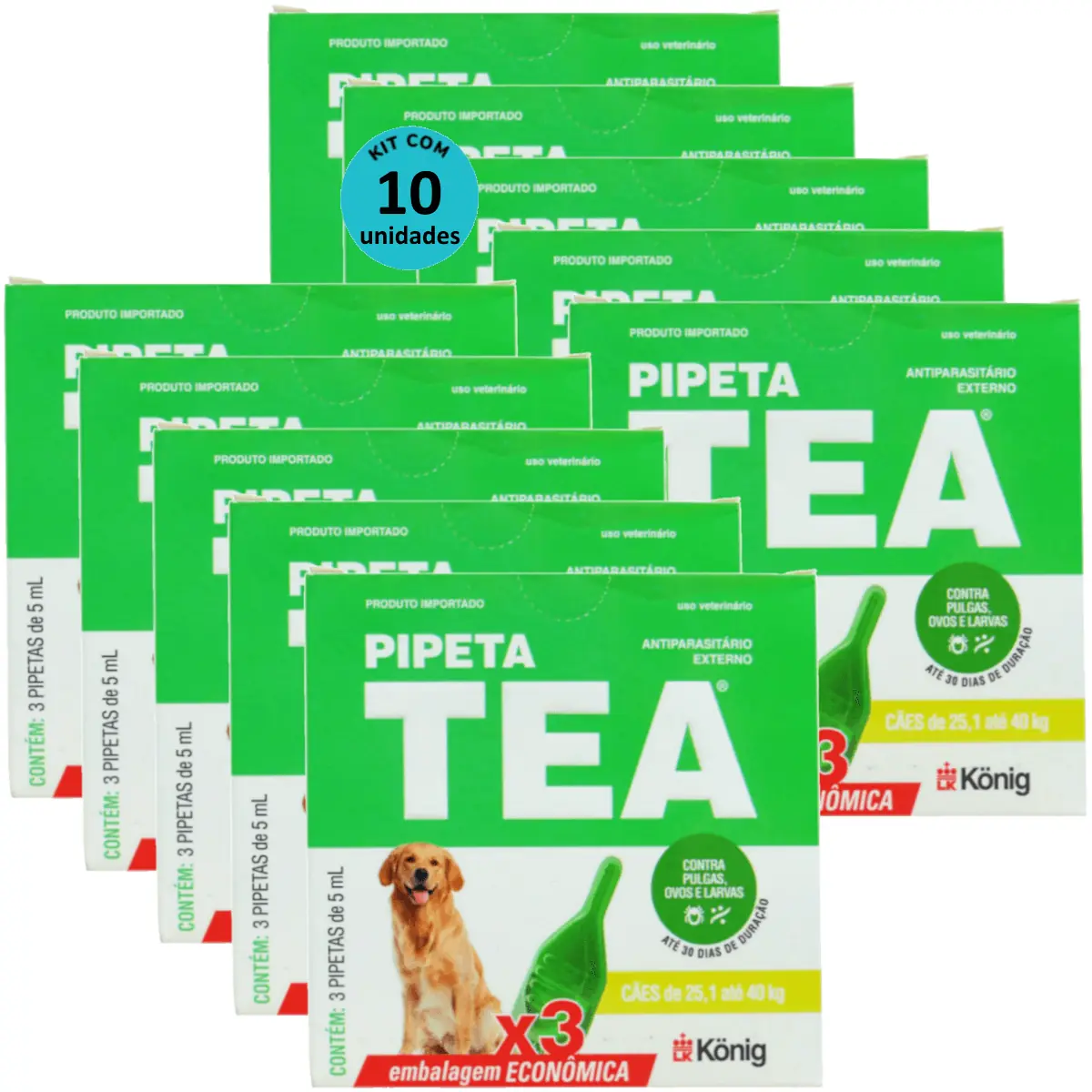 Pipeta Tea 5 ml Antiparasitário Contra Pulgas P/ Cães de 25,1 até 40 Kg C/ 3 unid. Kit C/ 10 Cxs