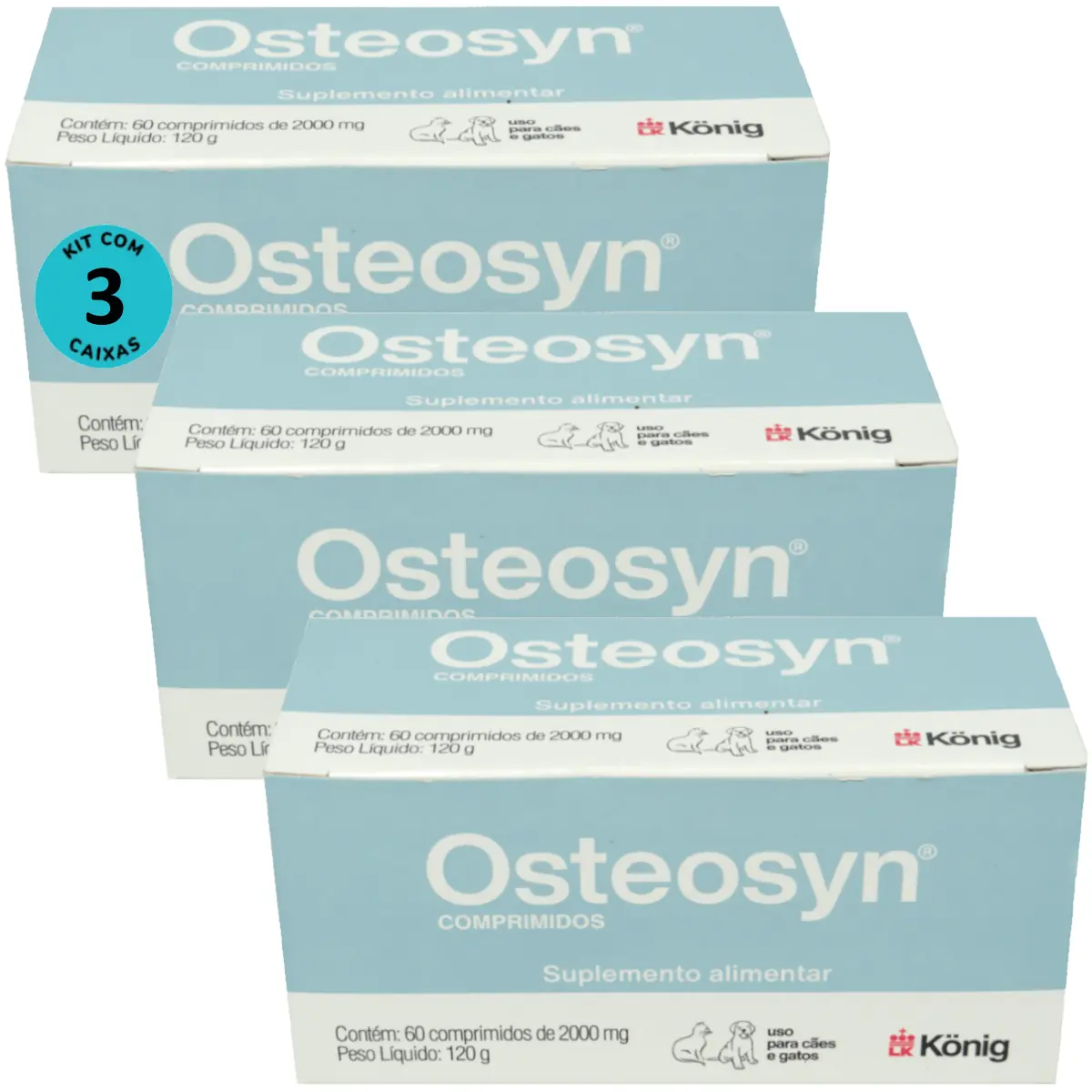 Osteosyn 2000mg Com 60 Comprimidos Para Cães e Gatos Raças Grandes Kit C/ 3