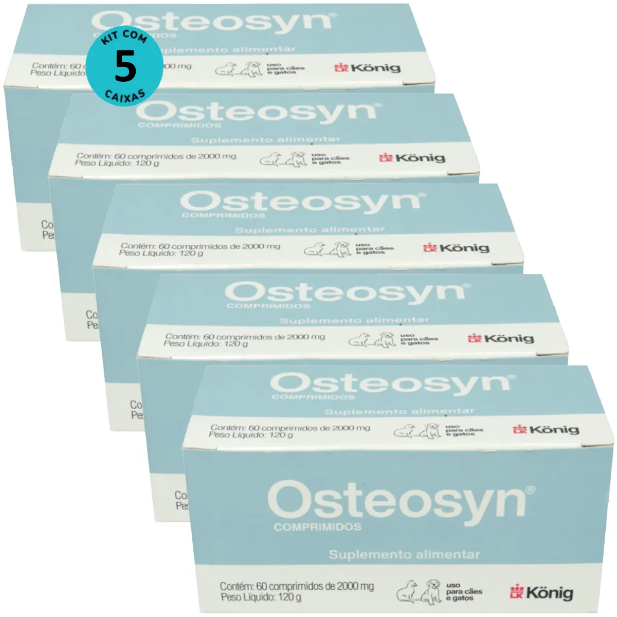 Osteosyn 2000mg Com 60 Comprimidos Para Cães e Gatos Raças Grandes Kit C/ 5