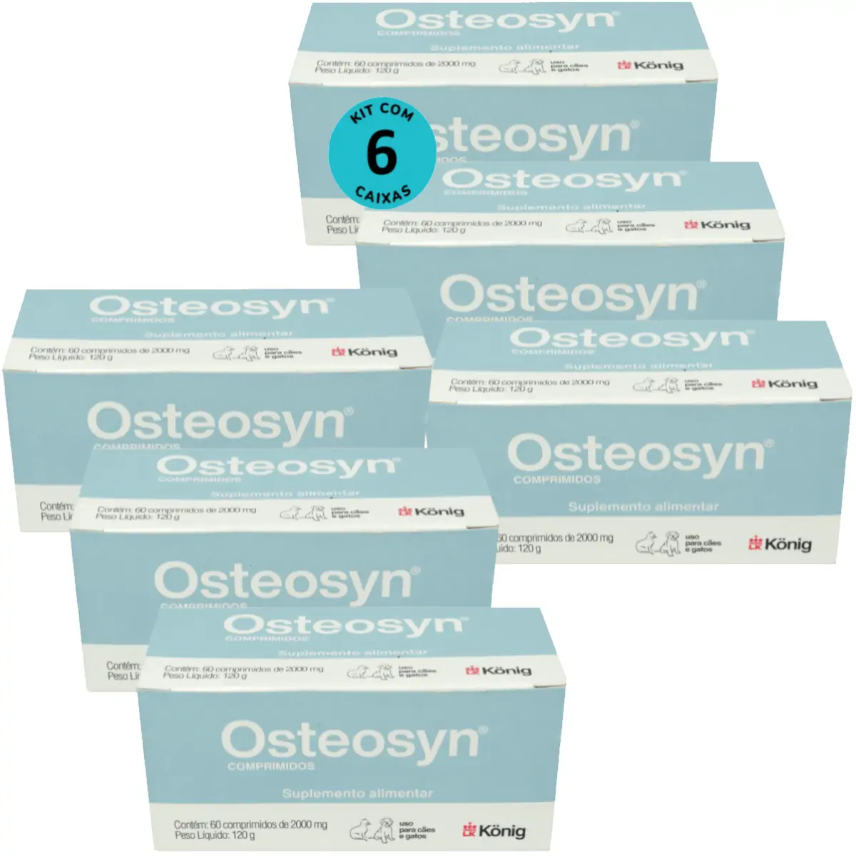 Osteosyn 2000mg Com 60 Comprimidos Para Cães e Gatos Raças Grandes Kit C/ 6