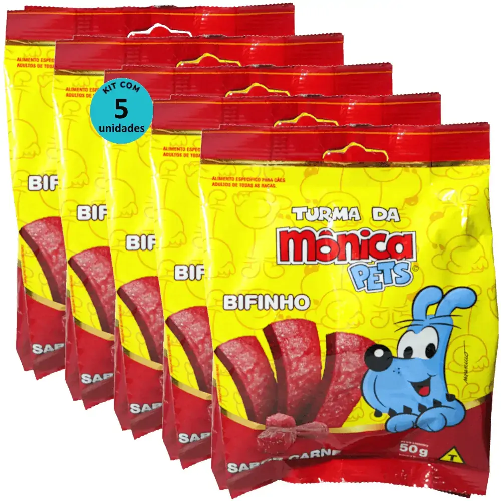 Petisco Turma da Mônica Pets Bifinho Para Cães Adultos Sabor Carne 50g Kit Com 5
