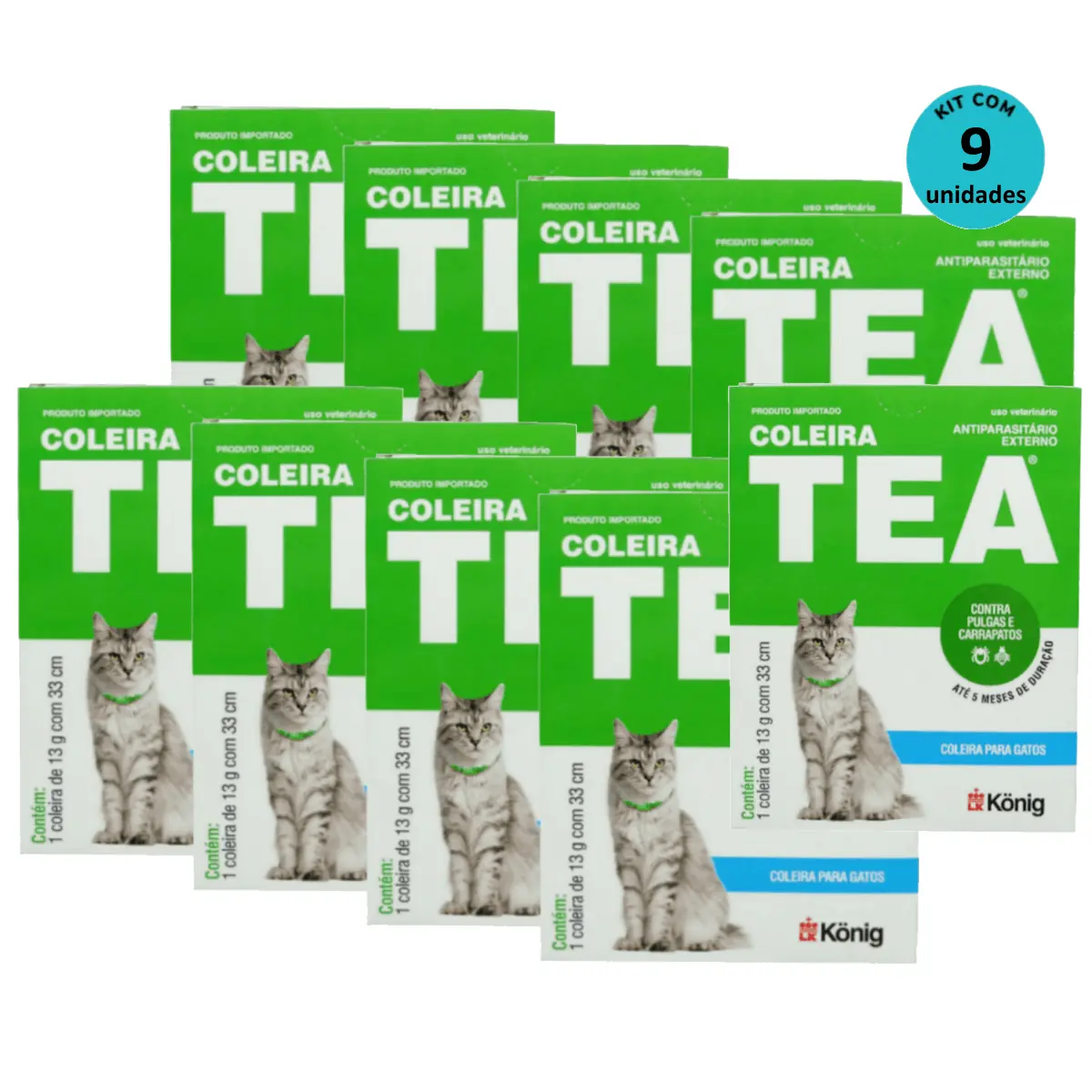 Coleira Tea Contra Pulgas E Carrapatos P/ Gatos König 13g C/ 33cm Kit C/ 9 Unid.
