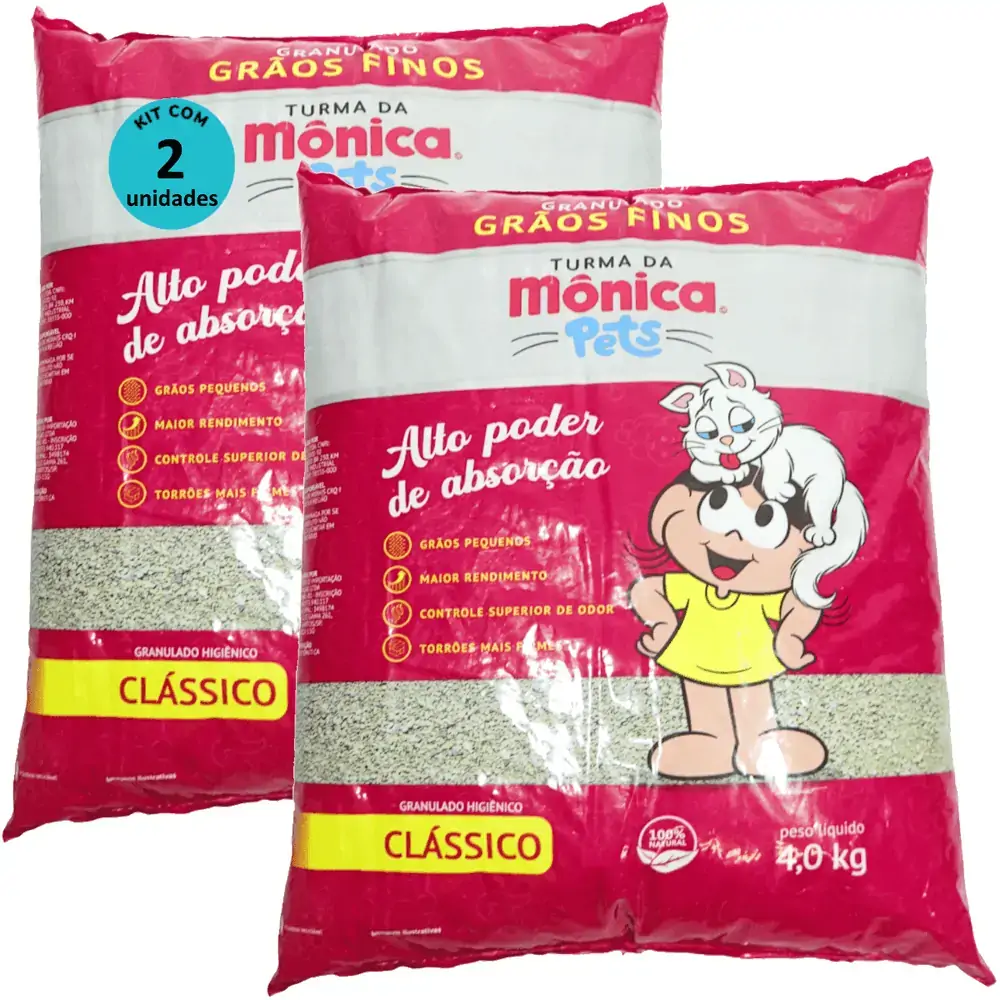 Granulado Sanitário Grãos Finos Turma da Mônica Pets 4,0Kg Para Gatos Kit 2 un