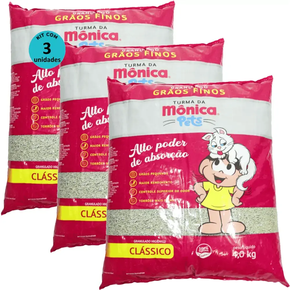 Granulado Sanitário Grãos Finos Turma da Mônica Pets 4,0Kg Para Gatos Kit 3 un