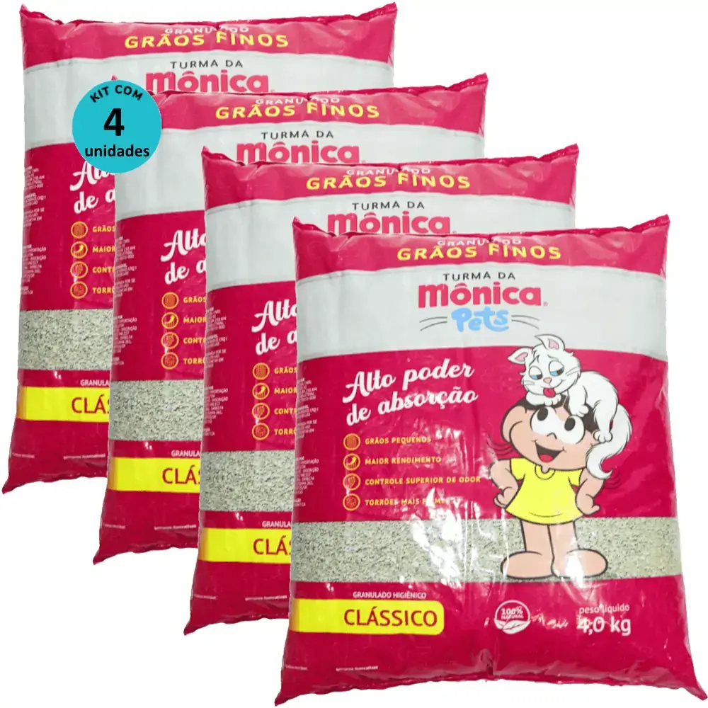 Granulado Sanitário Grãos Finos Turma da Mônica Pets 4,0Kg Para Gatos Kit 4 un