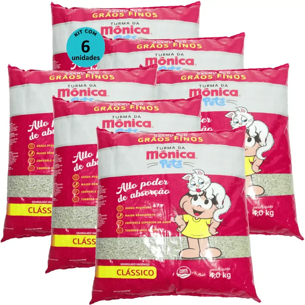 Granulado Sanitário Grãos Finos Turma da Mônica Pets 4,0Kg Para Gatos Kit 6 un