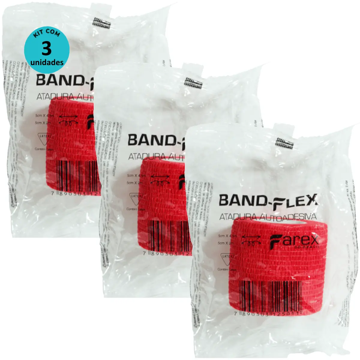 Atadura 5cm Vermelha Band-Flex Autoadesiva Para Animais Farex Kit Com 3