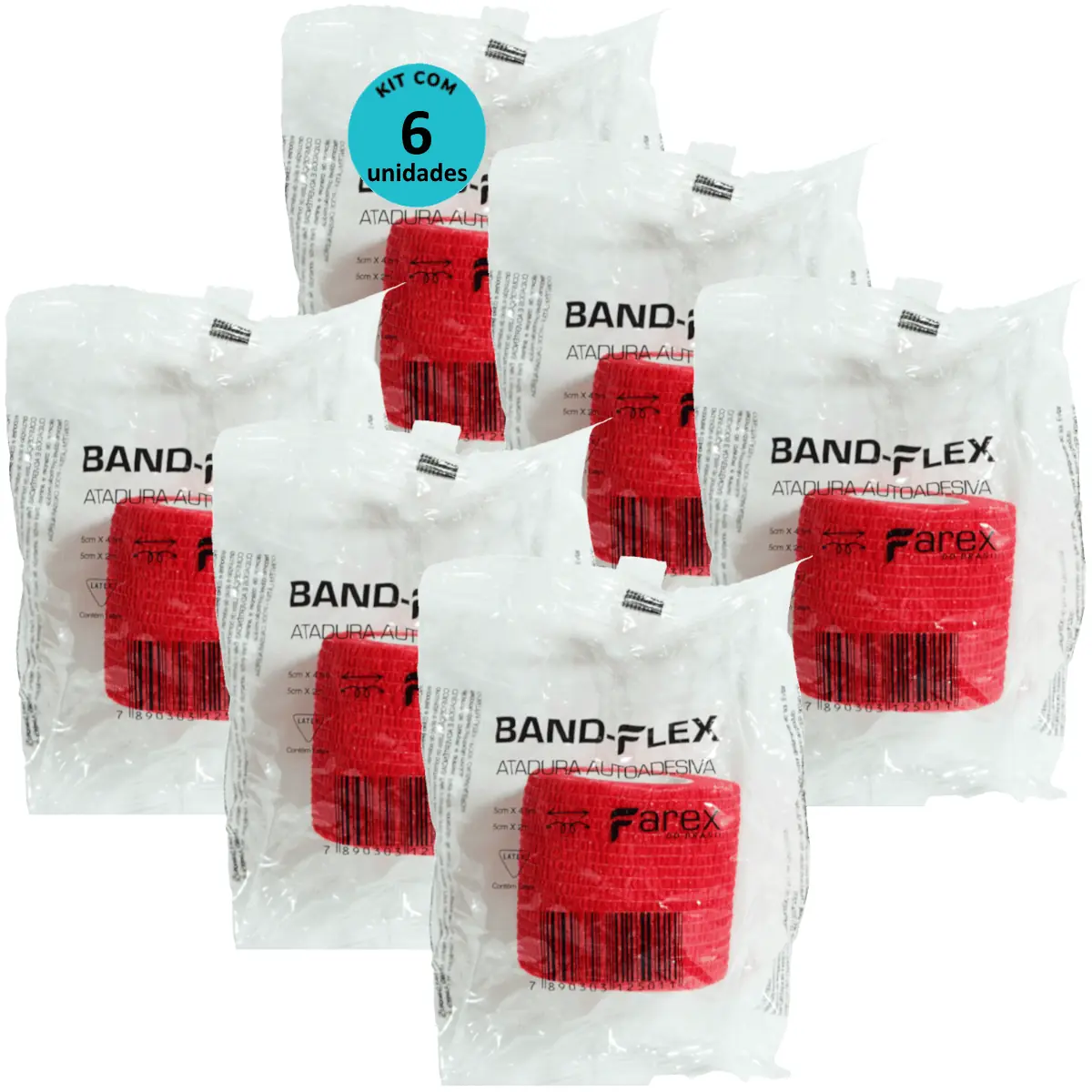 Atadura 5cm Vermelha Band-Flex Autoadesiva Para Animais Farex Kit Com 6