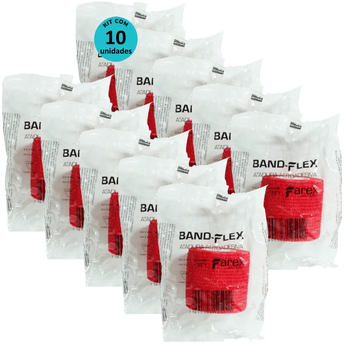 Atadura 5cm Vermelha Band-Flex Autoadesiva Para Animais Farex Kit Com 10