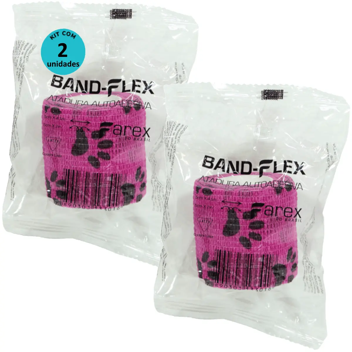 Atadura 5cm Rosa Com Patinhas Band-Flex Autoadesiva Para Animais Farex Kit Com 2