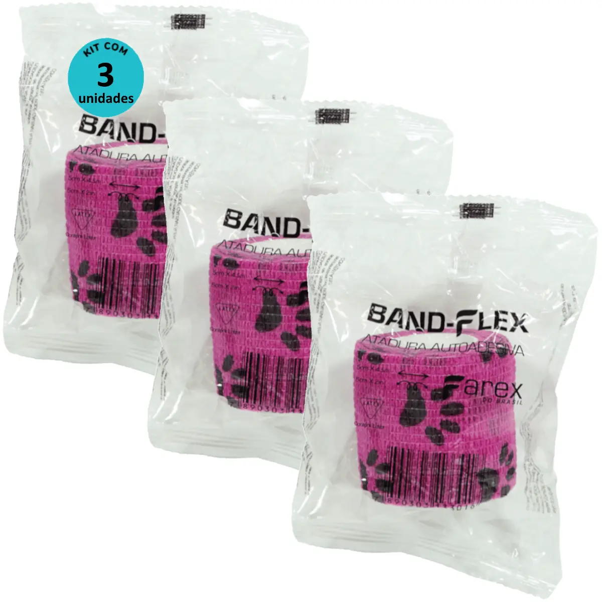 Atadura 5cm Rosa Com Patinhas Band-Flex Autoadesiva Para Animais Farex Kit Com 3