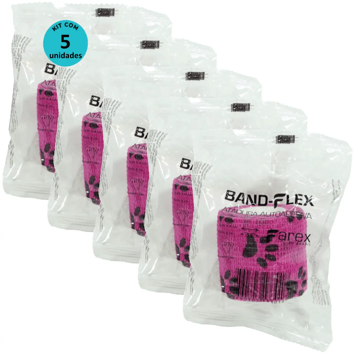Atadura 5cm Rosa Com Patinhas Band-Flex Autoadesiva Para Animais Farex Kit Com 5