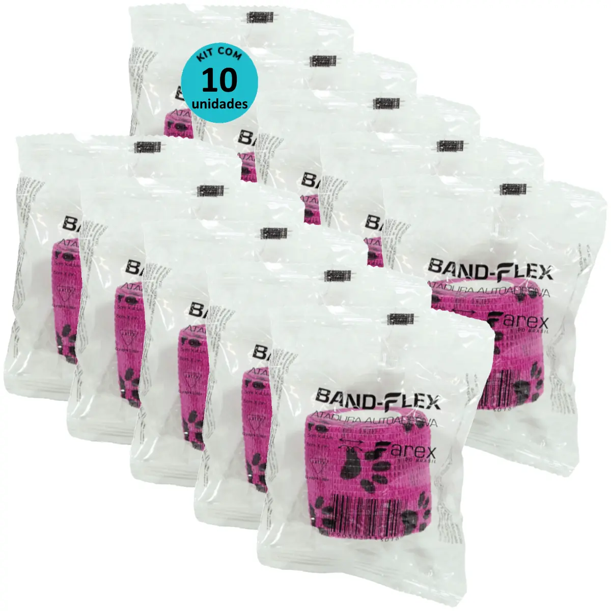 Atadura 5cm Rosa Com Patinhas Band-Flex Autoadesiva Para Animais Farex Kit Com 10