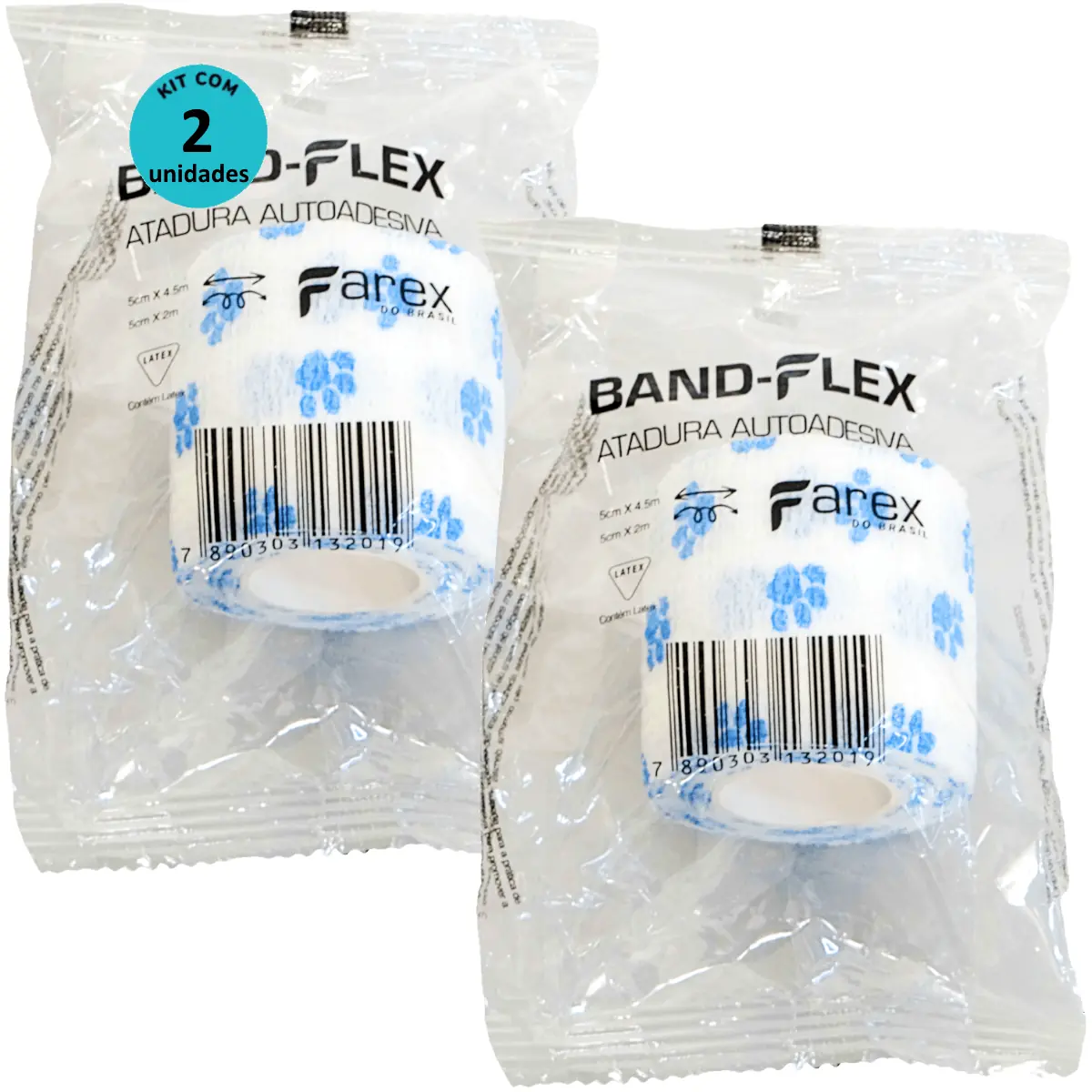 Atadura 5cm Branca Com Patinhas Band-Flex Autoadesiva Para Animais Farex Kit Com 2