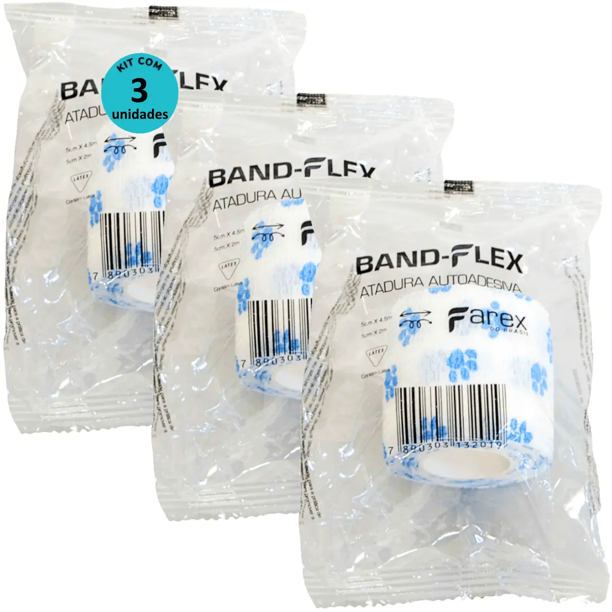 Atadura 5cm Branca Com Patinhas Band-Flex Autoadesiva Para Animais Farex Kit Com 3