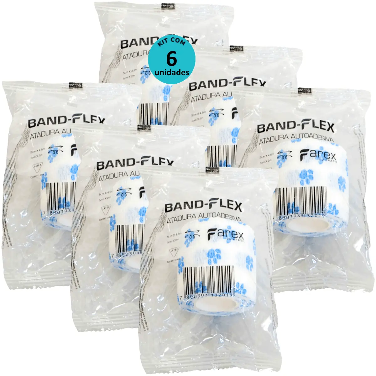 Atadura 5cm Branca Com Patinhas Band-Flex Autoadesiva Para Animais Farex Kit Com 6