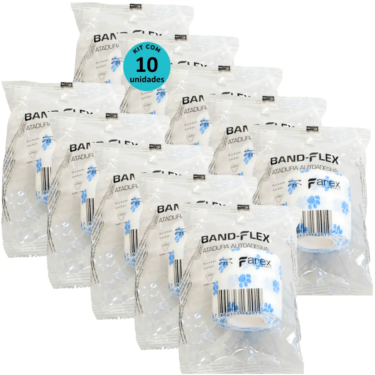 Atadura 5cm Branca Com Patinhas Band-Flex Autoadesiva Para Animais Farex Kit Com 10