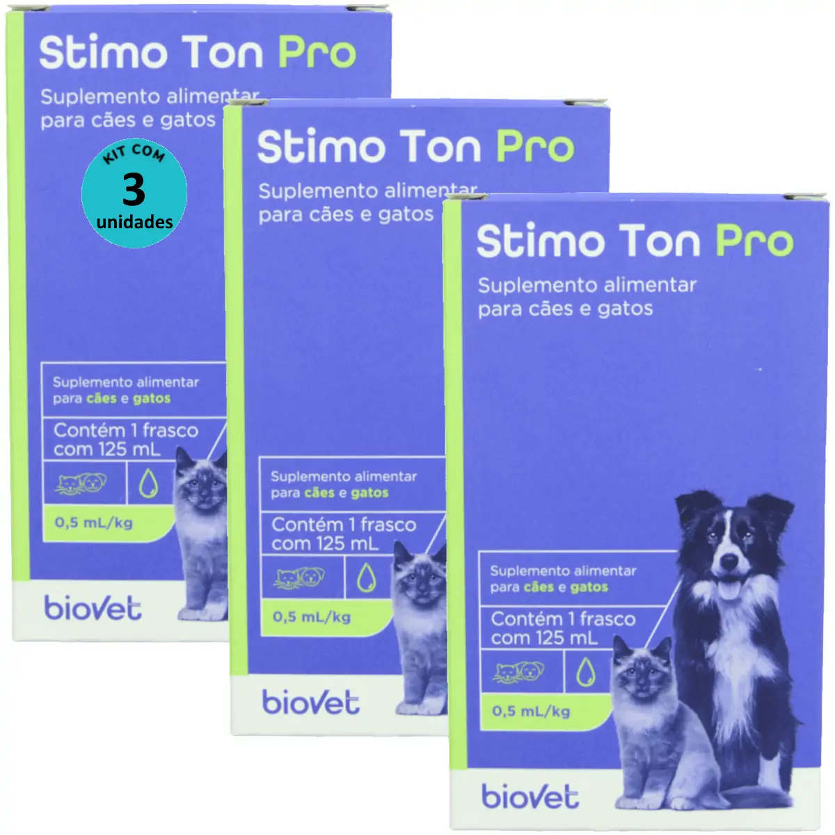 Stimo Ton Pro 125ml Para Cães e Gatos Biovet Kit Com 3