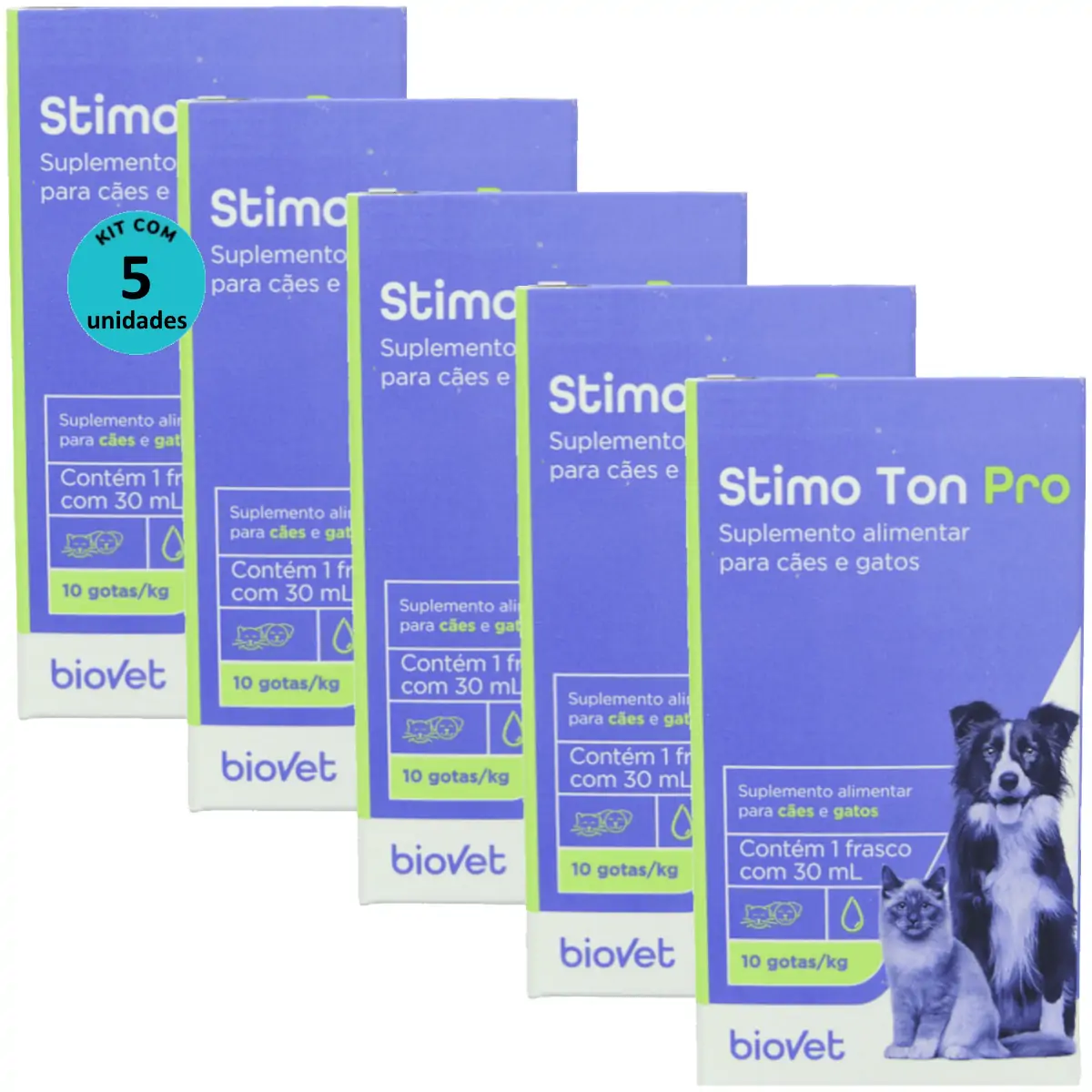 Stimo Ton Pro 30ml Para Cães e Gatos Biovet Kit Com 5