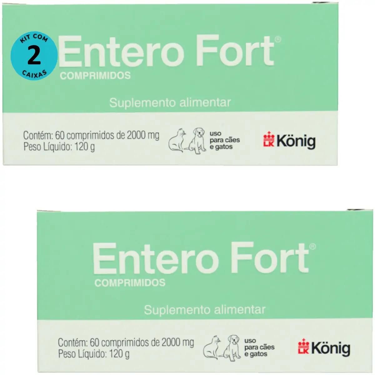 Entero Fort 2000mg Com 60 Comprimidos Para Cães e Gatos Kit Com 2