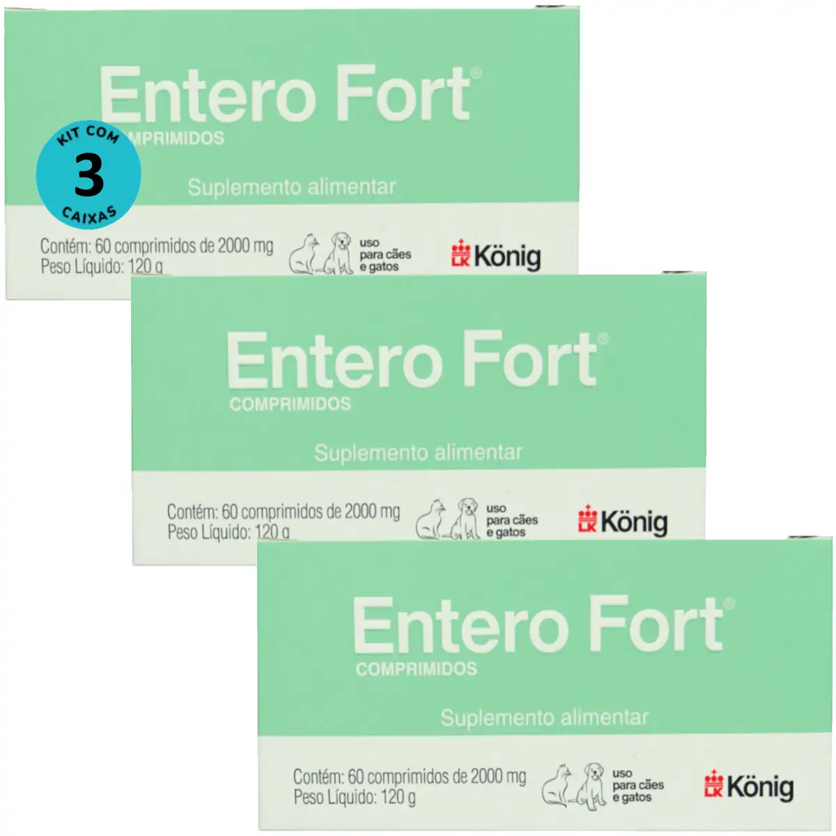 Entero Fort 2000mg Com 60 Comprimidos Para Cães e Gatos Kit Com 3