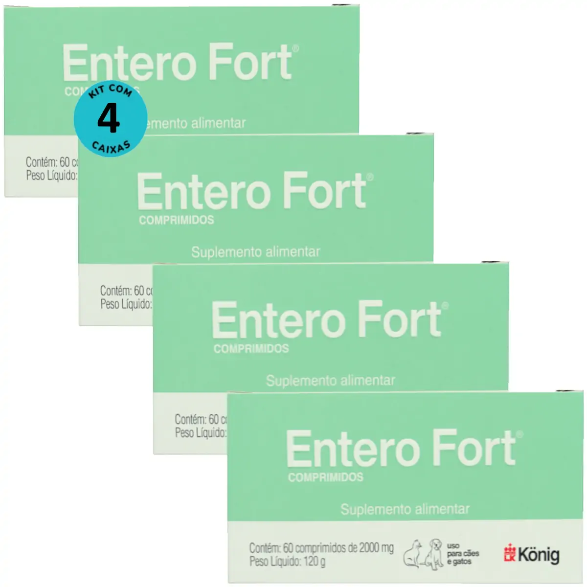 Entero Fort 2000mg Com 60 Comprimidos Para Cães e Gatos Kit Com 4