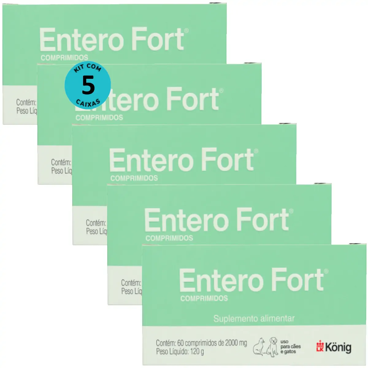 Entero Fort 2000mg Com 60 Comprimidos Para Cães e Gatos Kit Com 5