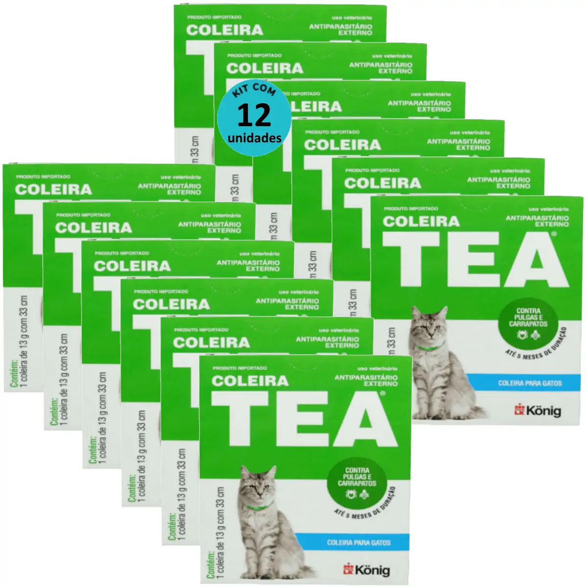 Coleira Contra Pulgas E Carrapatos TEA Gatos König 13g C/ 33cm Kit 12 Unidades
