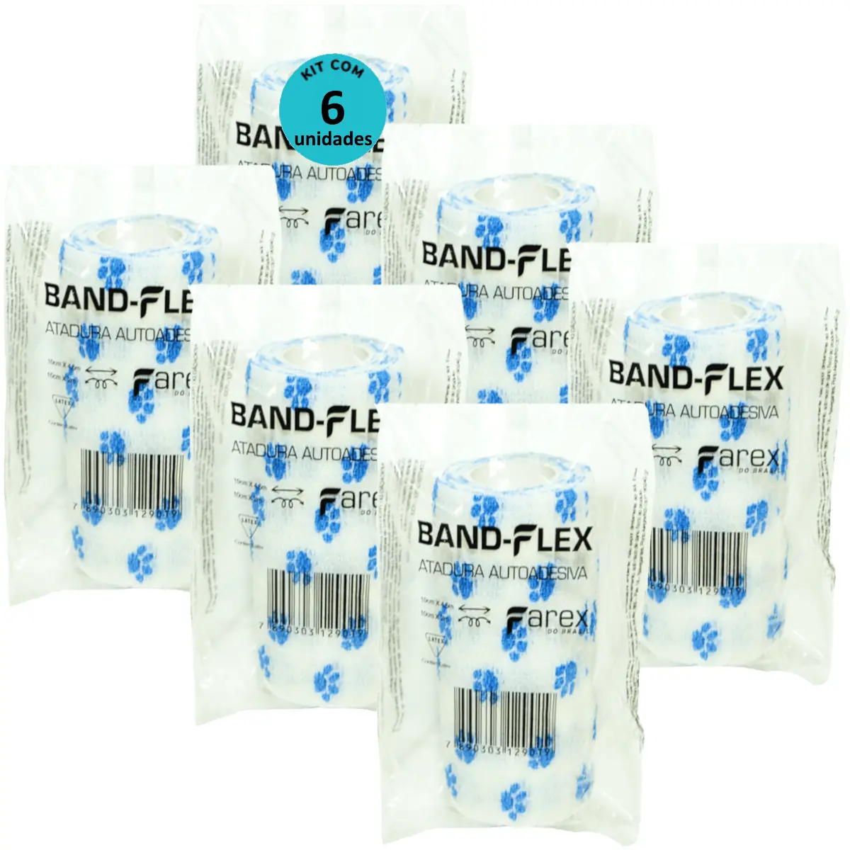 Atadura 10cm Branca Com Patinhas Band-Flex Autoadesiva Para Animais Farex Kit Com 6