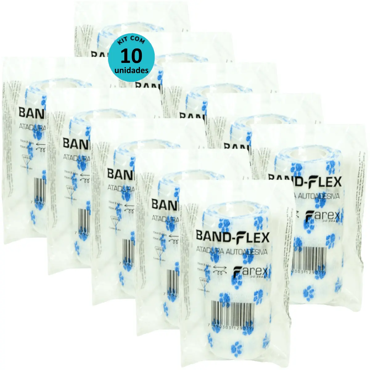 Atadura 10cm Branca Com Patinhas Band-Flex Autoadesiva Para Animais Farex Kit Com 10