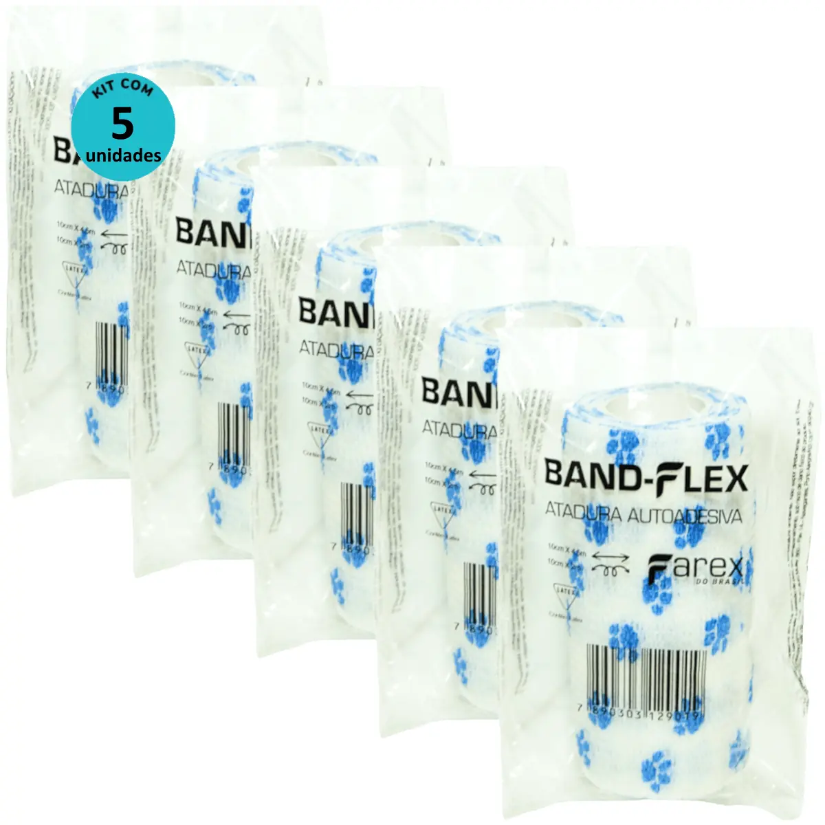 Atadura 10cm Rosa Com Patinhas Band-Flex Autoadesiva Para Animais Farex Kit Com 5