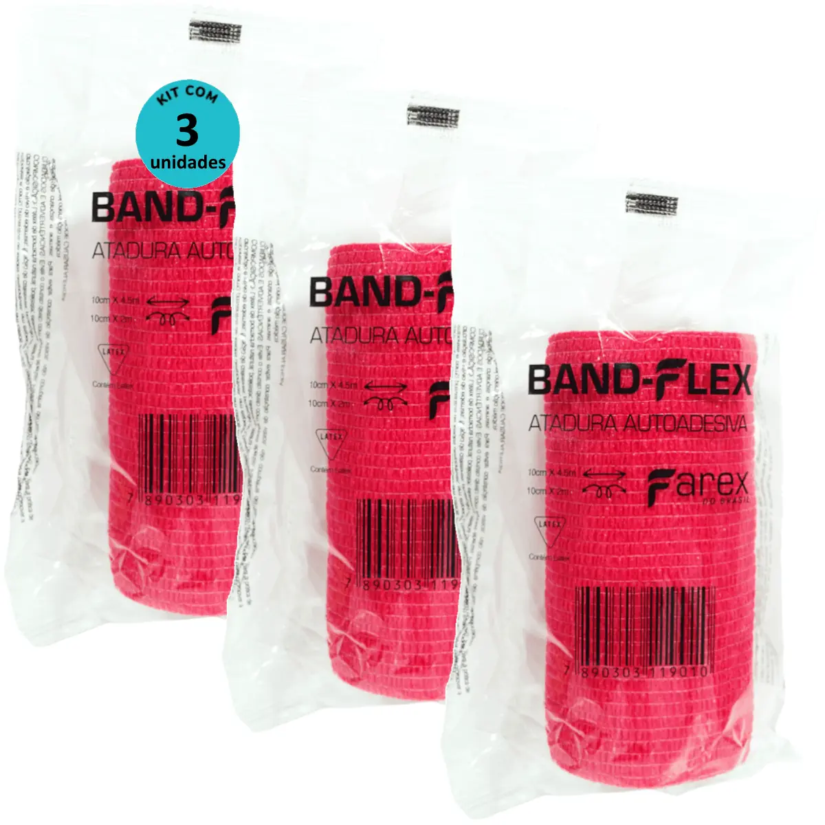 Atadura 10cm Vermelha Band-Flex Autoadesiva Para Animais Farex Kit Com 3