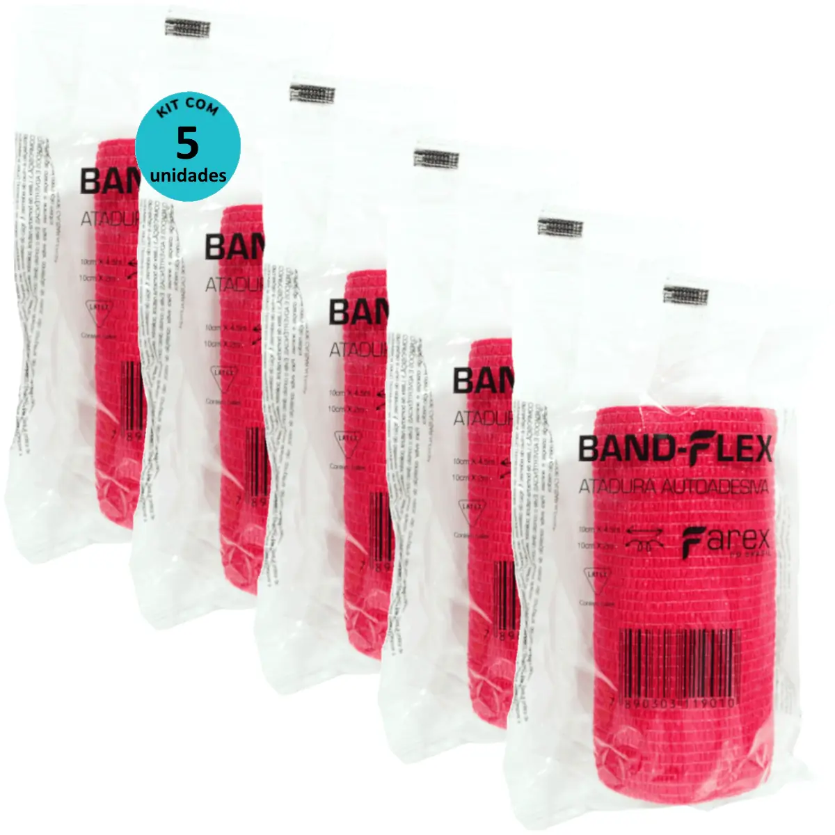 Atadura 10cm Vermelha Band-Flex Autoadesiva Para Animais Farex Kit Com 5