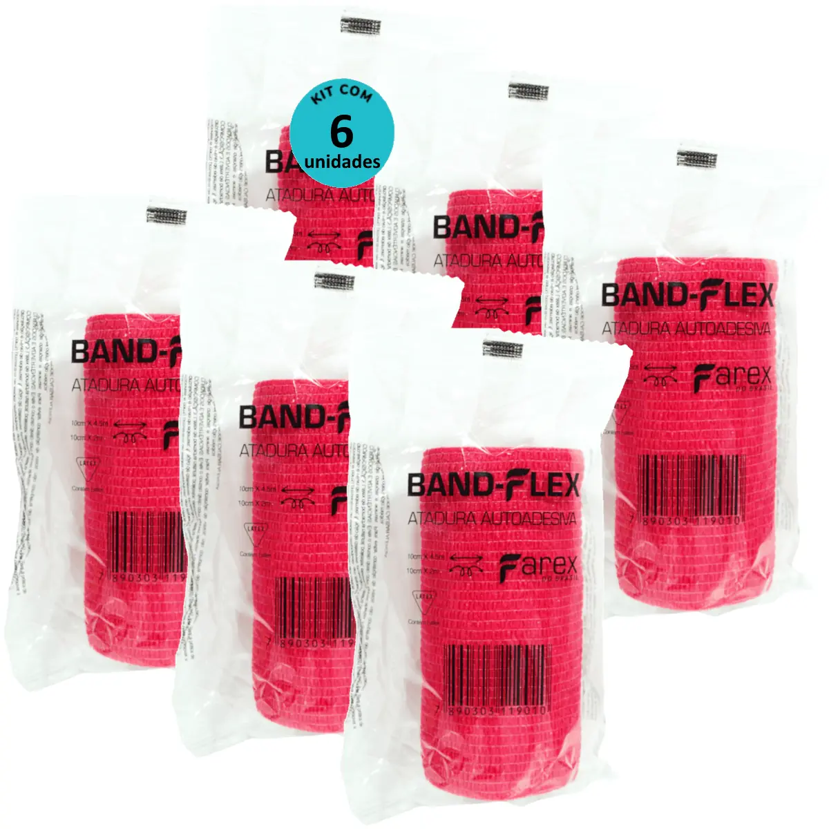 Atadura 10cm Vermelha Band-Flex Autoadesiva Para Animais Farex Kit Com 6