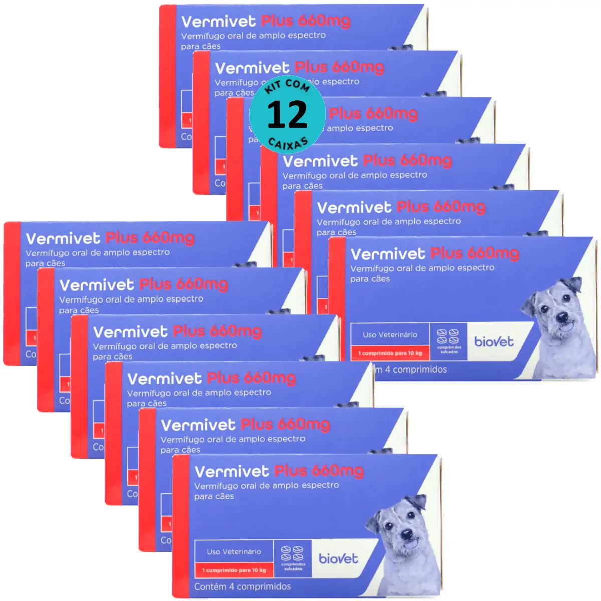 Vermífugo Vermivet Plus 660mg C/ 4 Comprimidos Biovet Kit 12 unid