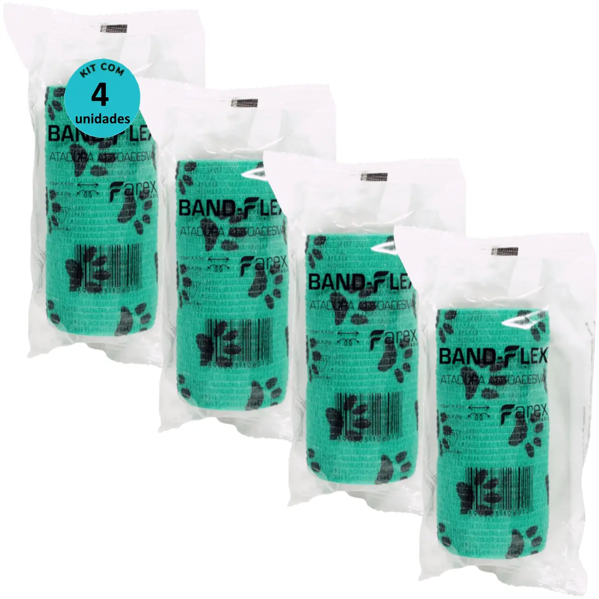 Atadura 10cm Verde Com Patinhas Band-Flex Autoadesiva Para Animais Farex Kit Com 4