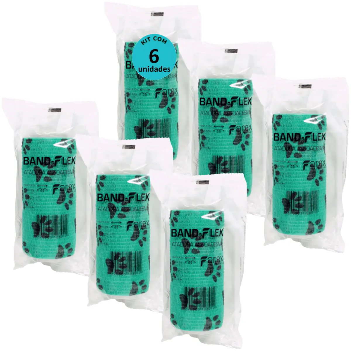 Atadura 10cm Verde Com Patinhas Band-Flex Autoadesiva Para Animais Farex Kit Com 6