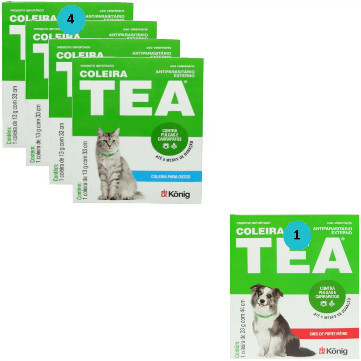 Kit 4 Coleiras TEA Gatos + 1 Coleira Cães Médios C/ 57cm- König
