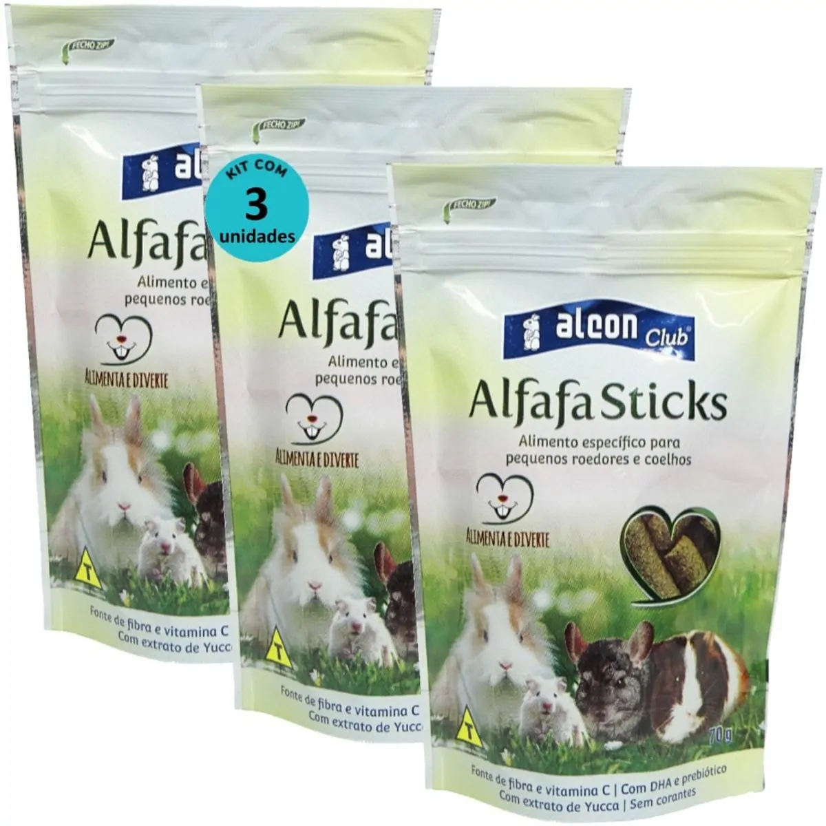 ALCON CLUB ALFAFA STICKS 70G KIT COM 3 PARA ROEDORES HAMSTER CHINCILA PORQUINHO DA ÍNDIA GERBIL COEL