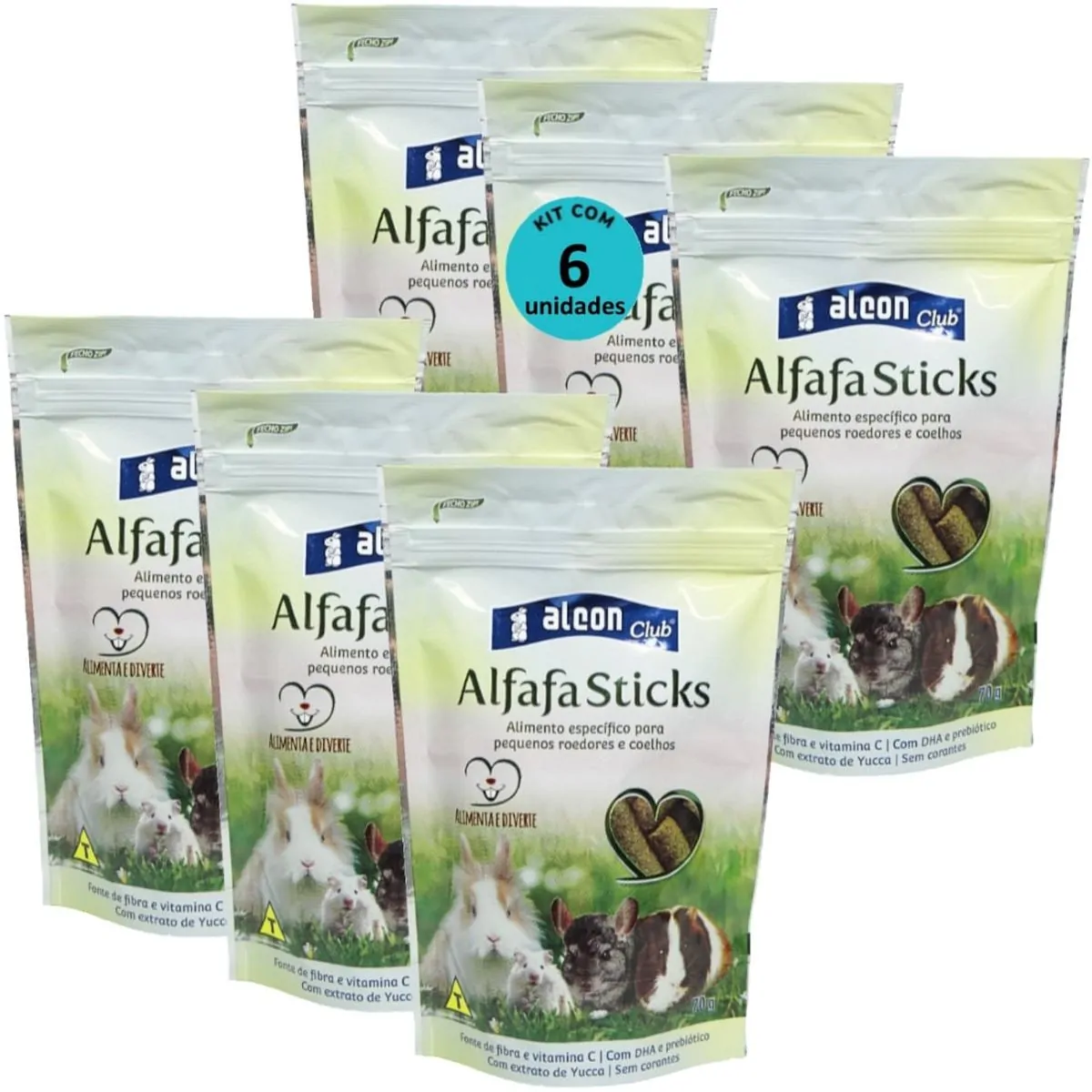 ALCON CLUB ALFAFA STICKS 70G KIT COM 6 PARA ROEDORES HAMSTER CHINCILA PORQUINHO DA ÍNDIA GERBIL COEL