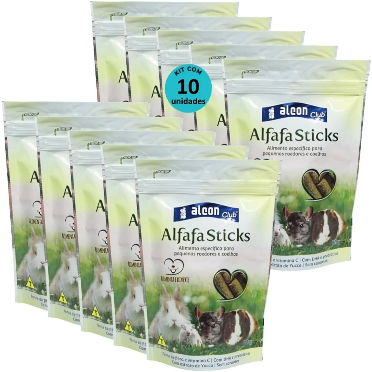 ALCON CLUB ALFAFA STICKS 70G KIT COM 10 PARA ROEDORES HAMSTER CHINCILA PORQUINHO DA ÍNDIA GERBIL COE