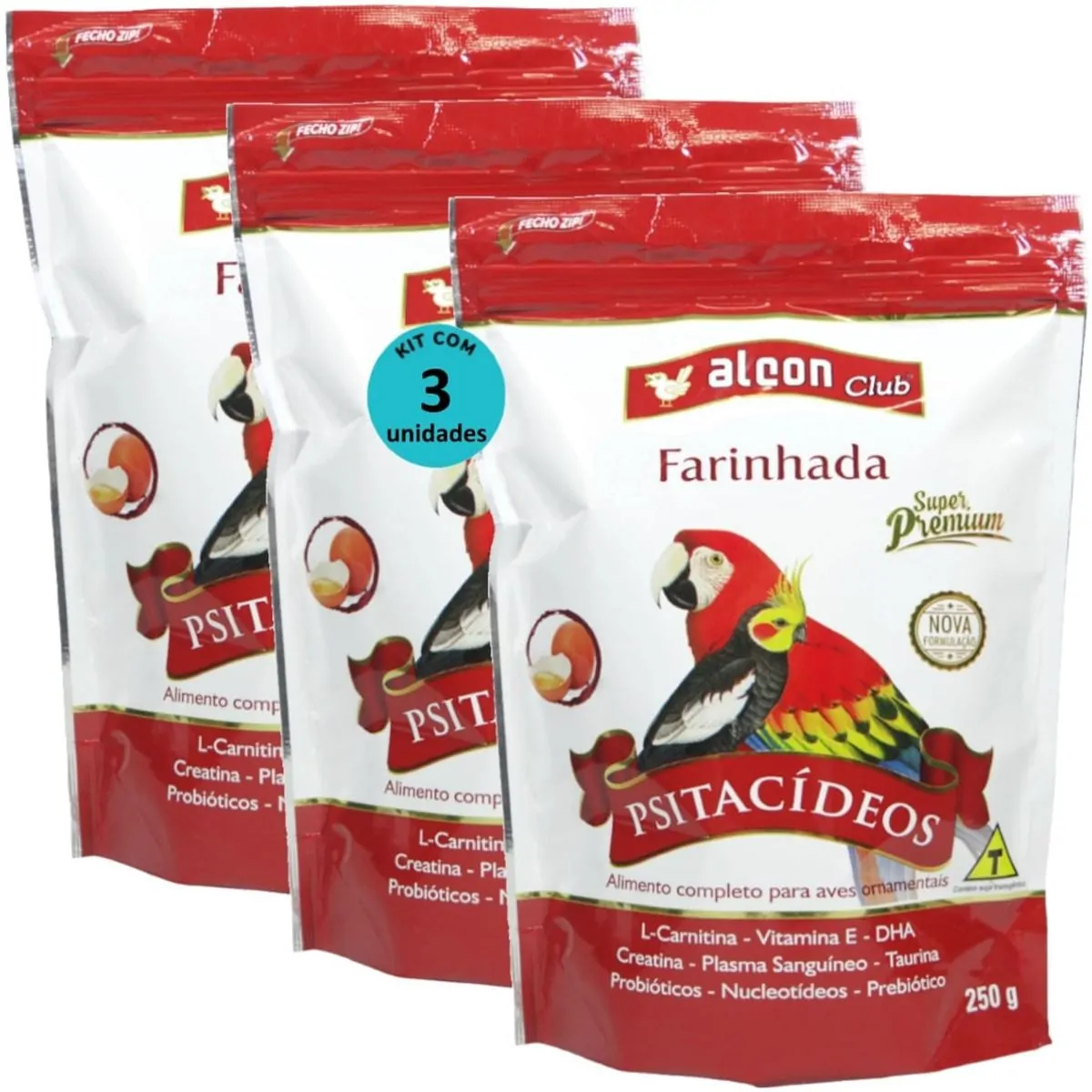 ALCON CLUB FARINHADA PSITACÍDEOS 250G SUPER PREMIUM KIT COM 3