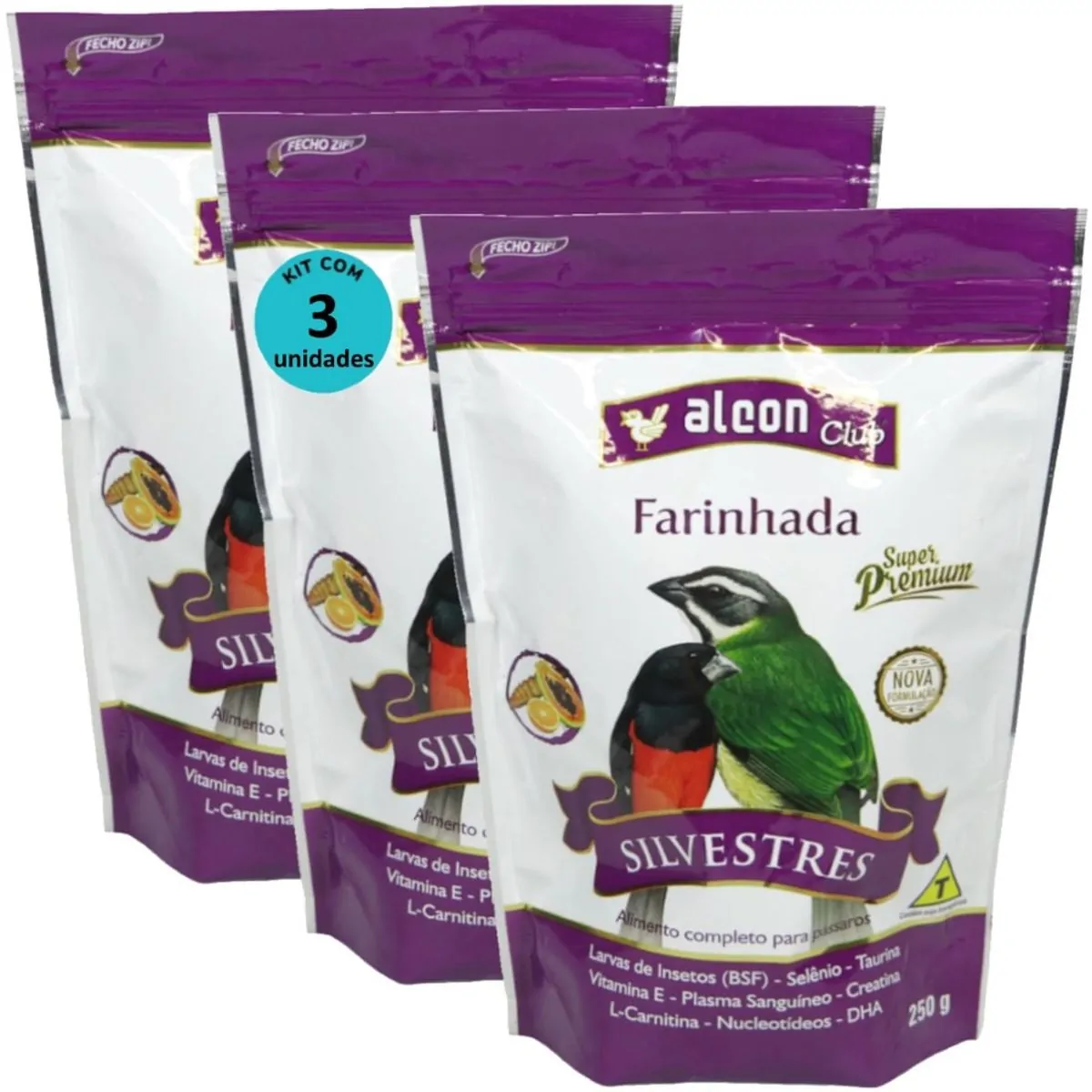 ALCON CLUB FARINHADA SILVESTRES 250G SUPER PREMIUM KIT COM 3 PARA AZULÃO, BICUDO, COLEIRO, CABOCLINH
