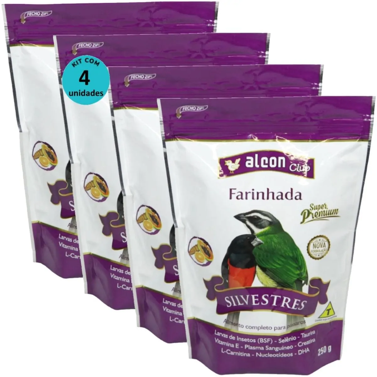 ALCON CLUB FARINHADA SILVESTRES 250G SUPER PREMIUM KIT COM 4 PARA AZULÃO, BICUDO, COLEIRO, CABOCLINH