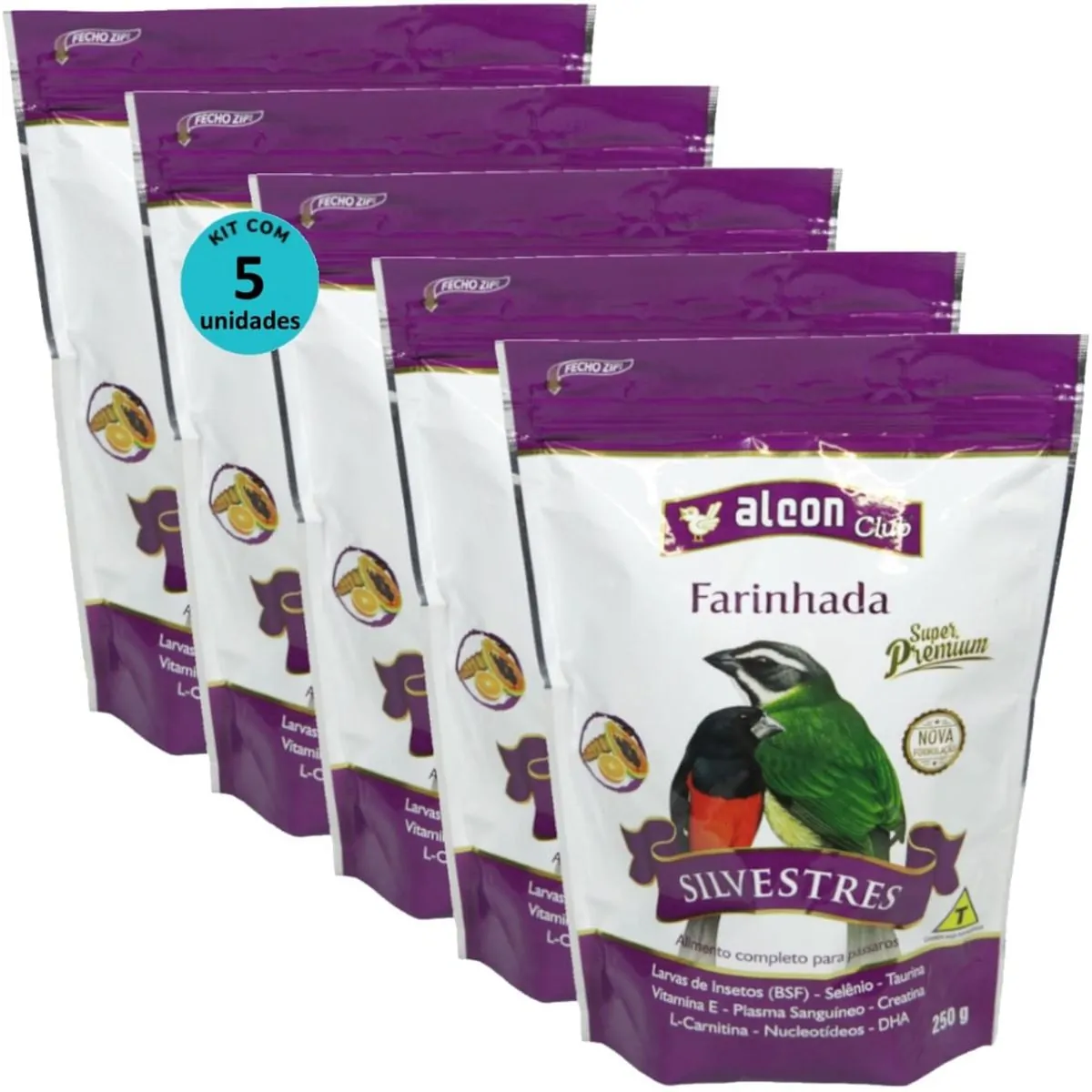 ALCON CLUB FARINHADA SILVESTRES 250G SUPER PREMIUM KIT COM 5 PARA AZULÃO, BICUDO, COLEIRO, CABOCLINH